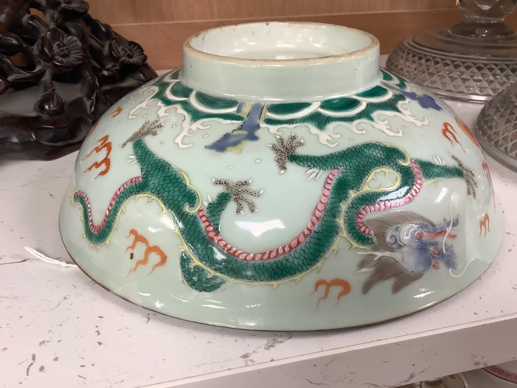 A Chinese famille rose ‘dragon’ bowl, Qianlong mark, 19th century, diameter 21cm